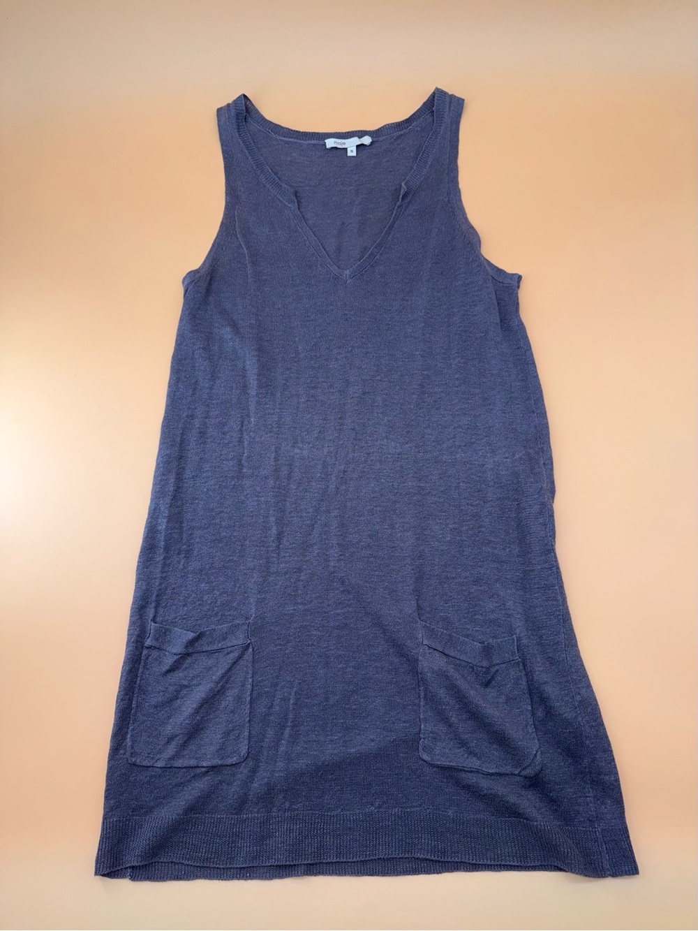 Maje‎ Bichette Sleeveless V-Neck Pocket Knit Grey 100% Linen Dress Cover Up